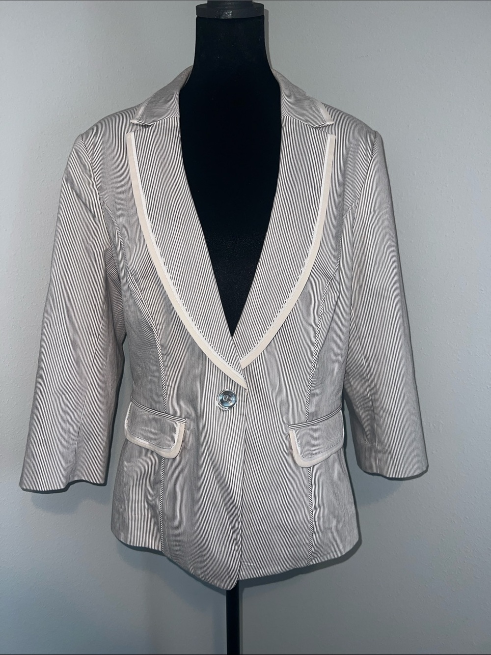 White House Black Market Gray Pinstripe Blazer with White Trim